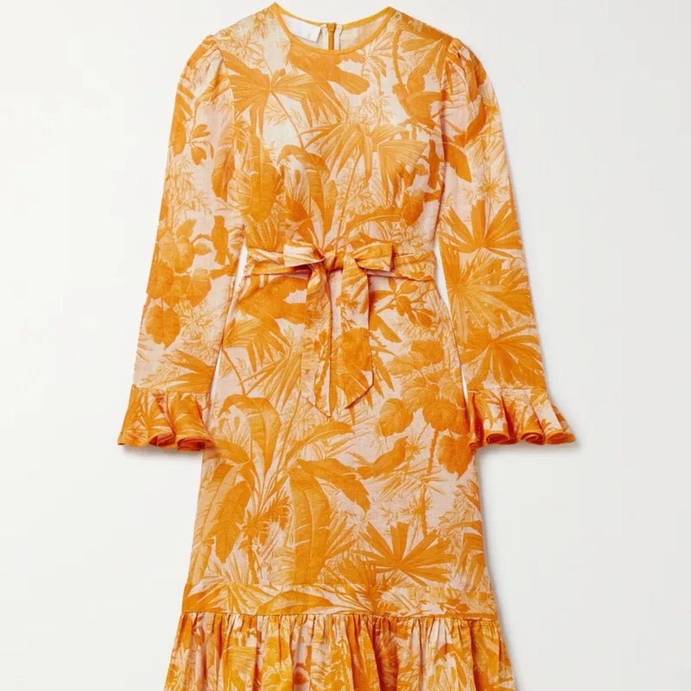 Zimmermann Linen Midi Dress (Mae Belted Ruffled - Yellow/Ivory/White)
